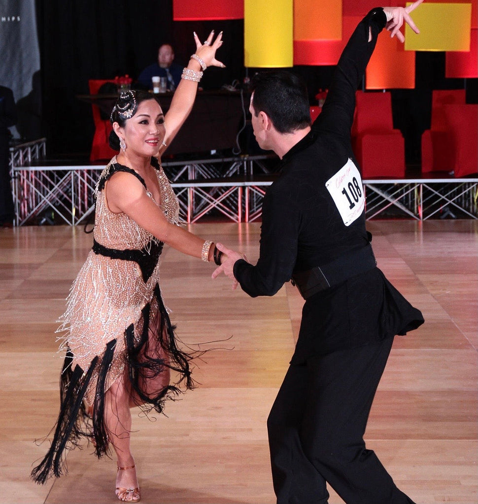 Custom Dress- Tan /black lace Latin Action