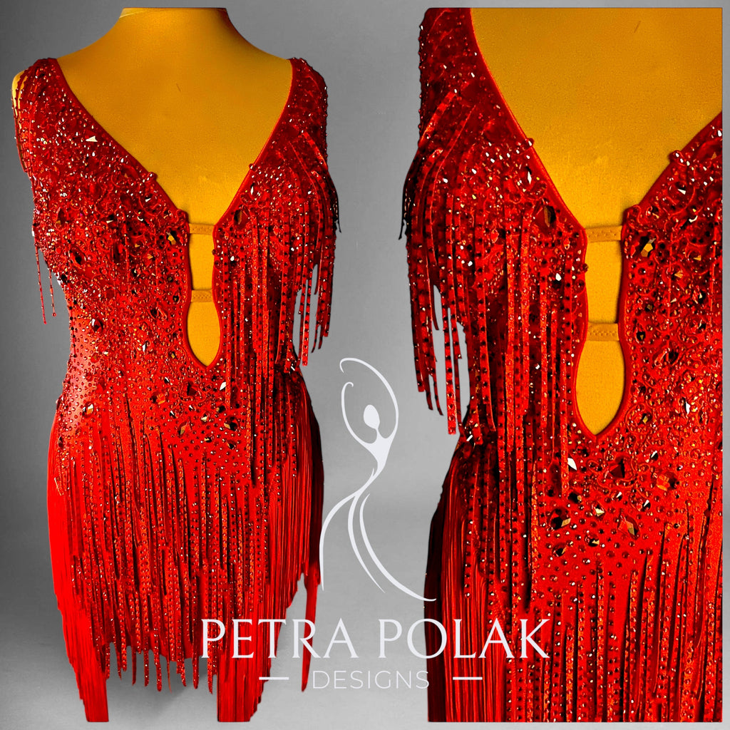 Custom Dress- Red w crystal fringe Latin