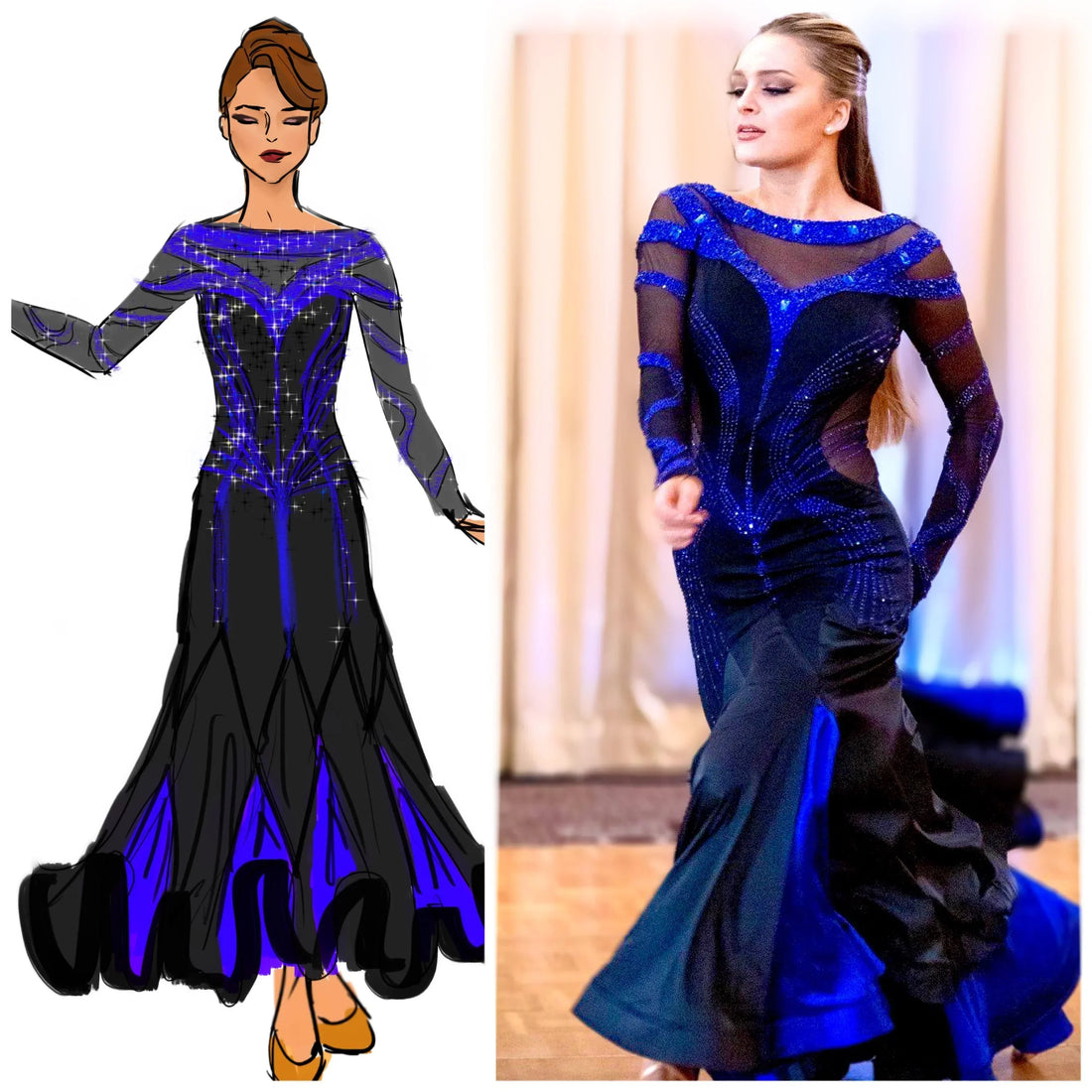 Sketch and real dancer in a dance dress