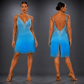 Blue fringe dress with detailed back design on a model against a gray background