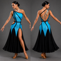 Woman wearing a black and blue dress with a slit, shown from front and back on a gray background