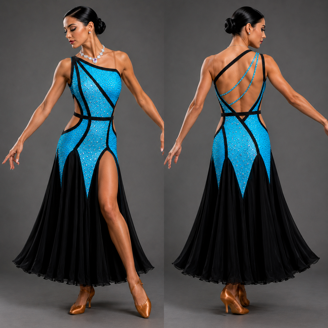 Woman wearing a black and blue dress with a slit, shown from front and back on a gray background