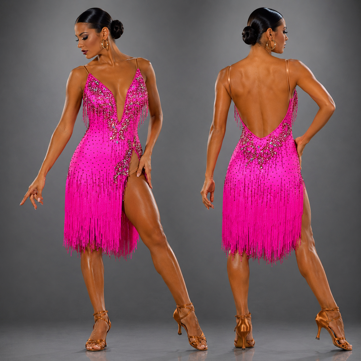 Woman wearing a pink fringe dress with embellishments, shown from front and back on a gray background.