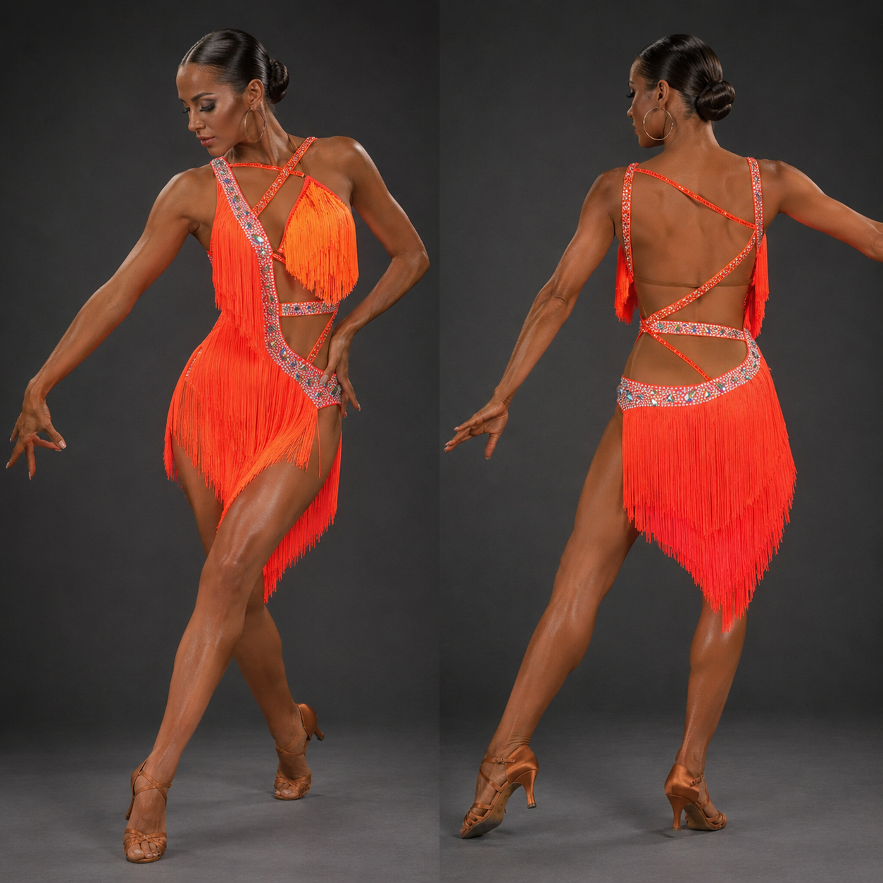 Dancer in an orange fringe dress posing against a dark background