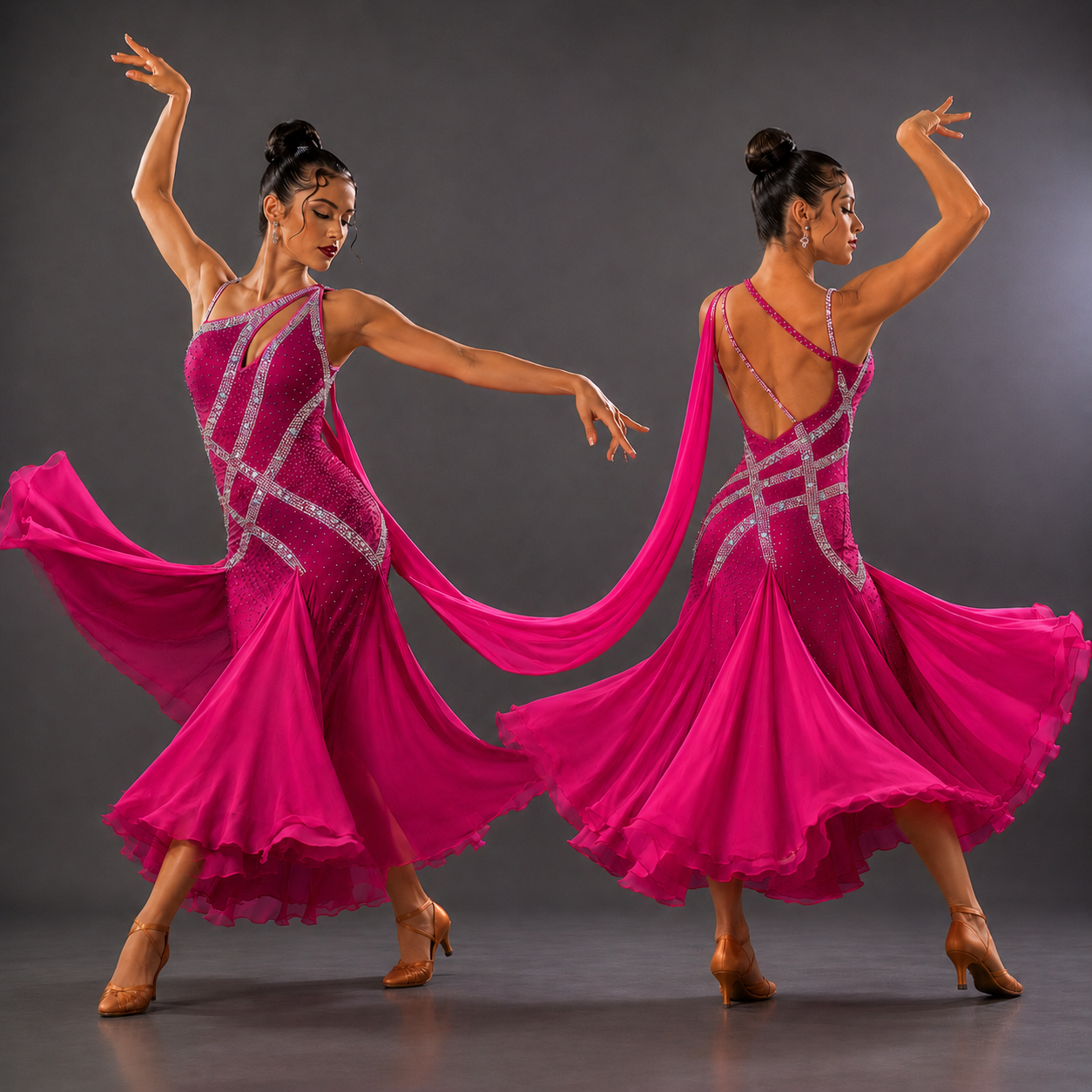 Dancer in a pink dress with flowing fabric on a gray background