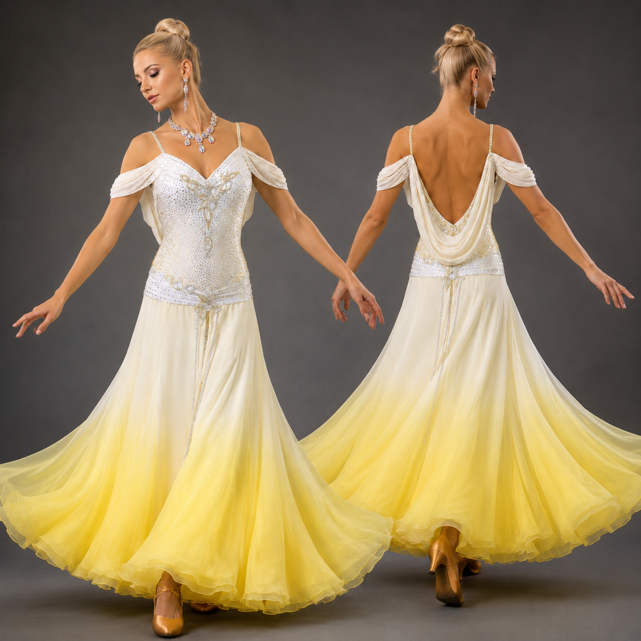Woman wearing a white and yellow dress with a gray background