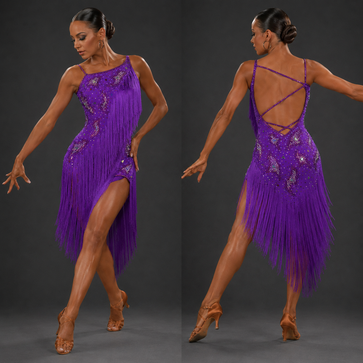 Woman in a purple fringe dress posing against a gray background