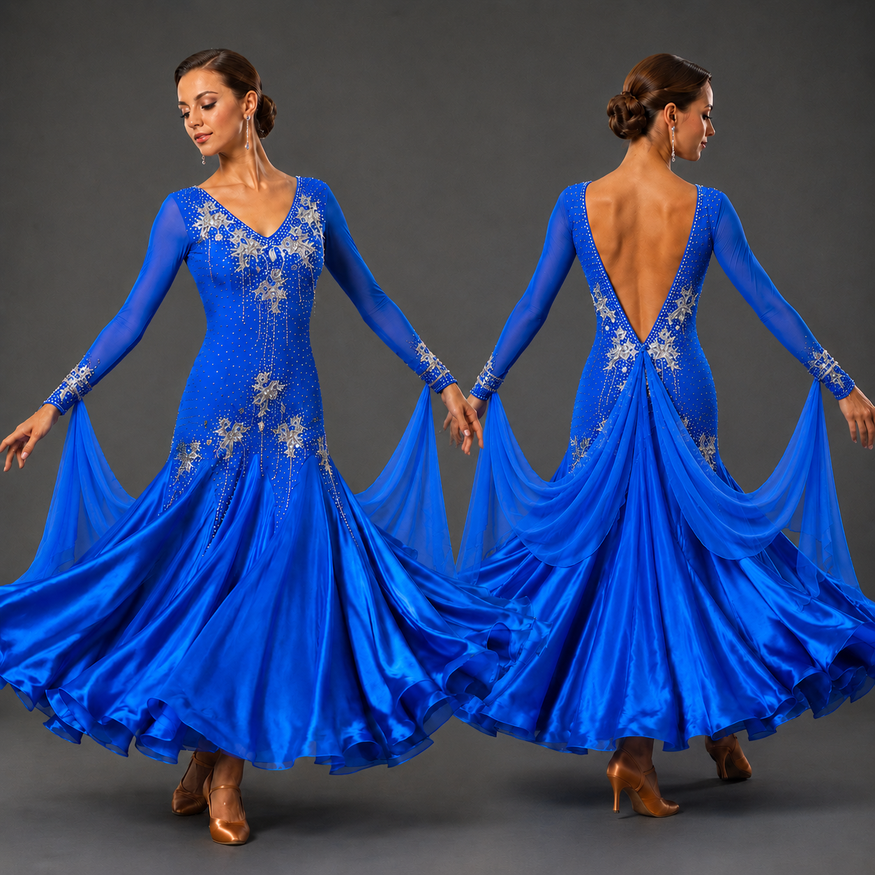 Woman in a blue ballroom dance dress with floral embellishments on a gray background