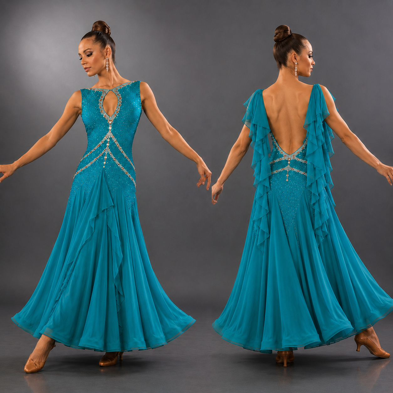 Woman in a turquoise evening gown with intricate back design on a gray background