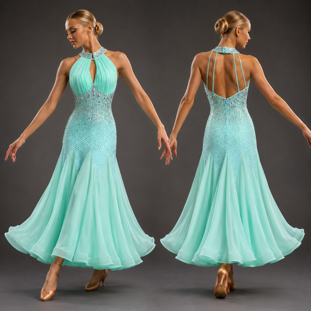 Teal evening gown with intricate detailing on a dark background