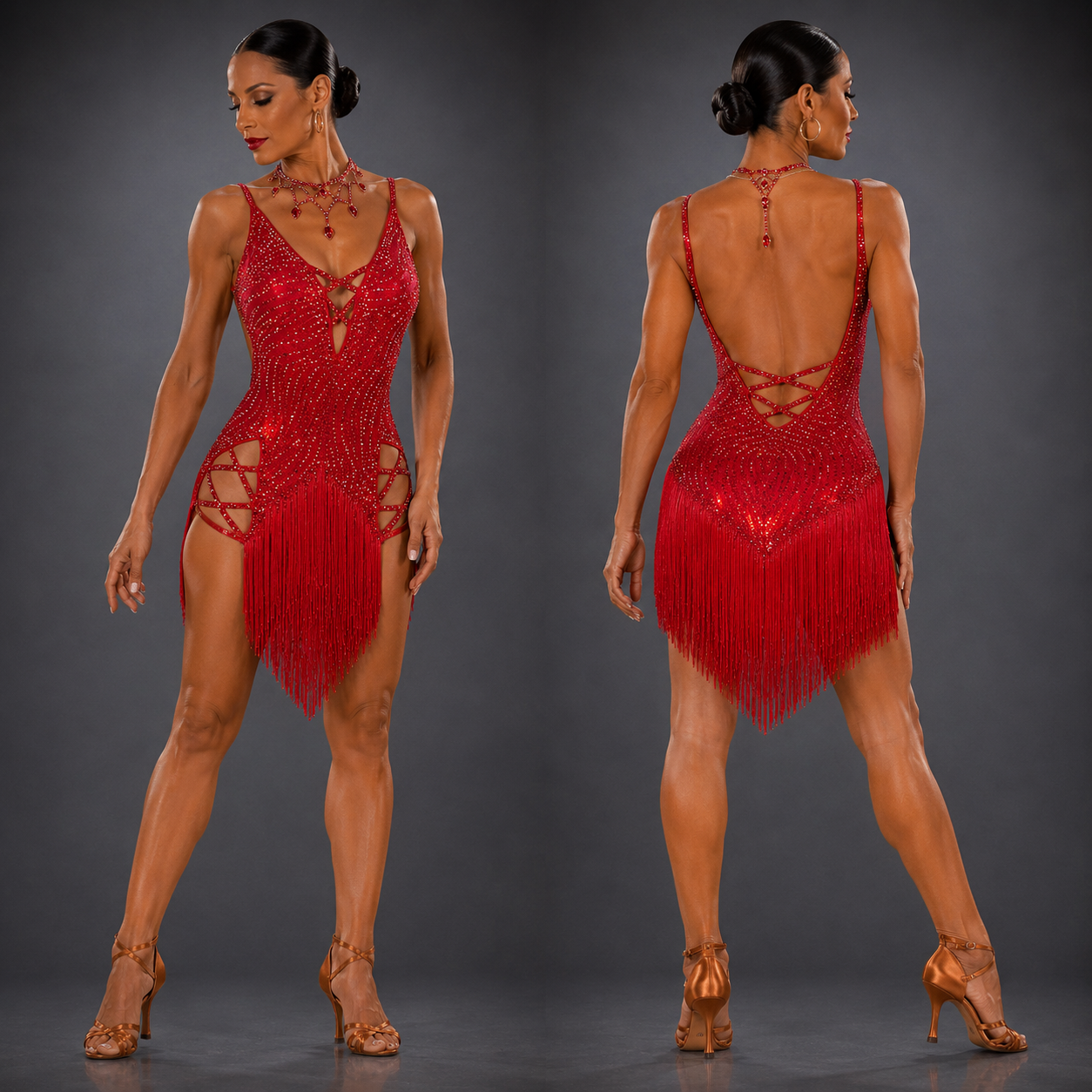 Red beaded dress with fringe details on a gray background