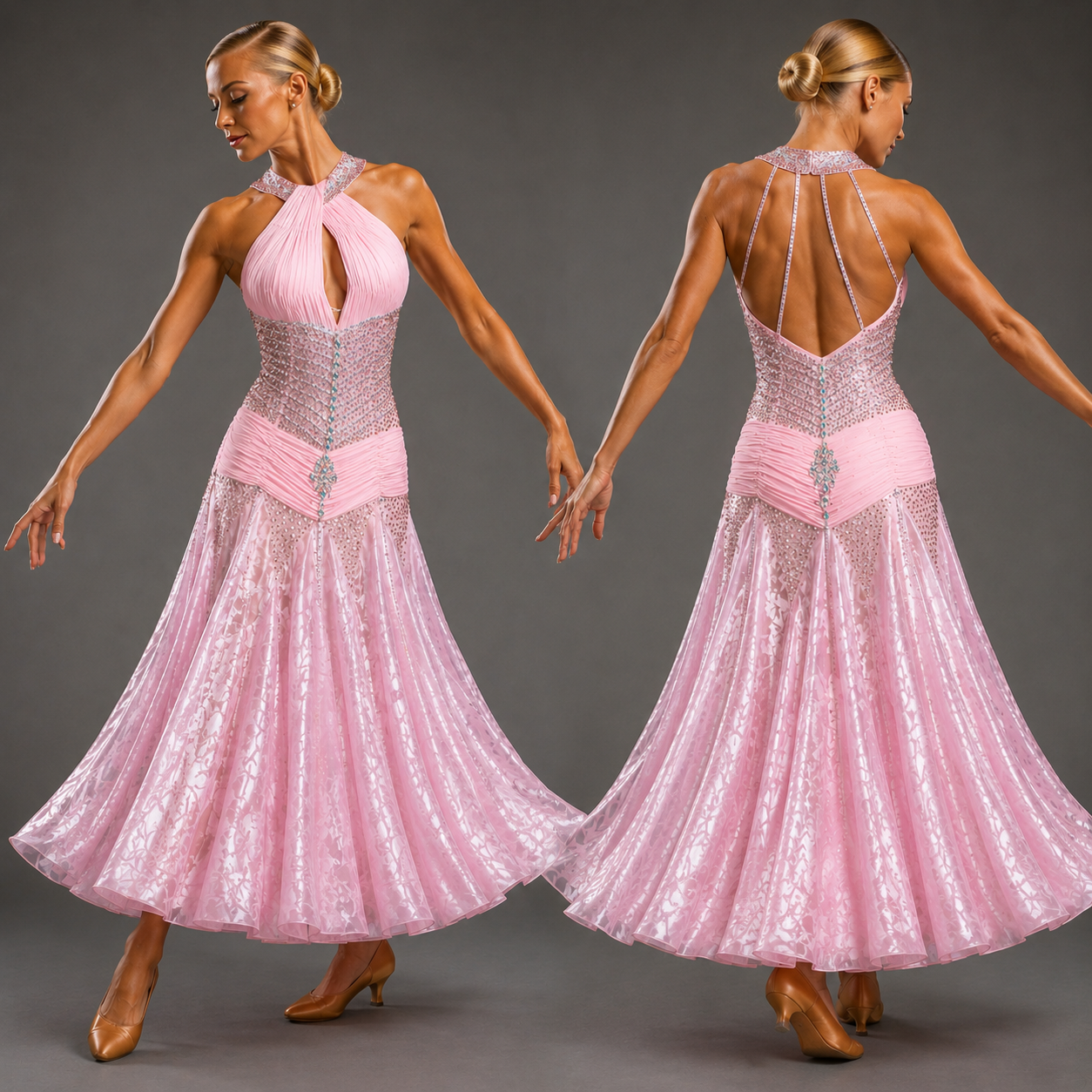 Woman in a pink dress with silver embellishments posing against a gray background