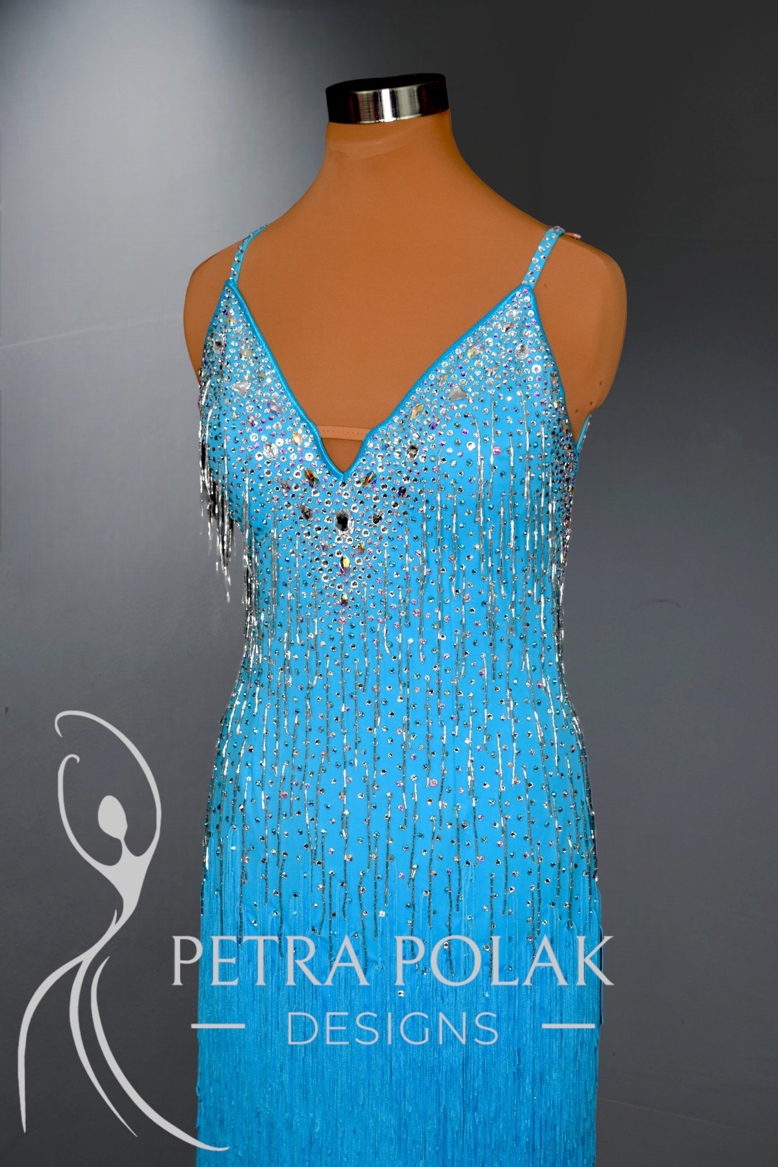 Blue Latin & Rhythm Ballroom Dance Competition Dress with Silver Beads