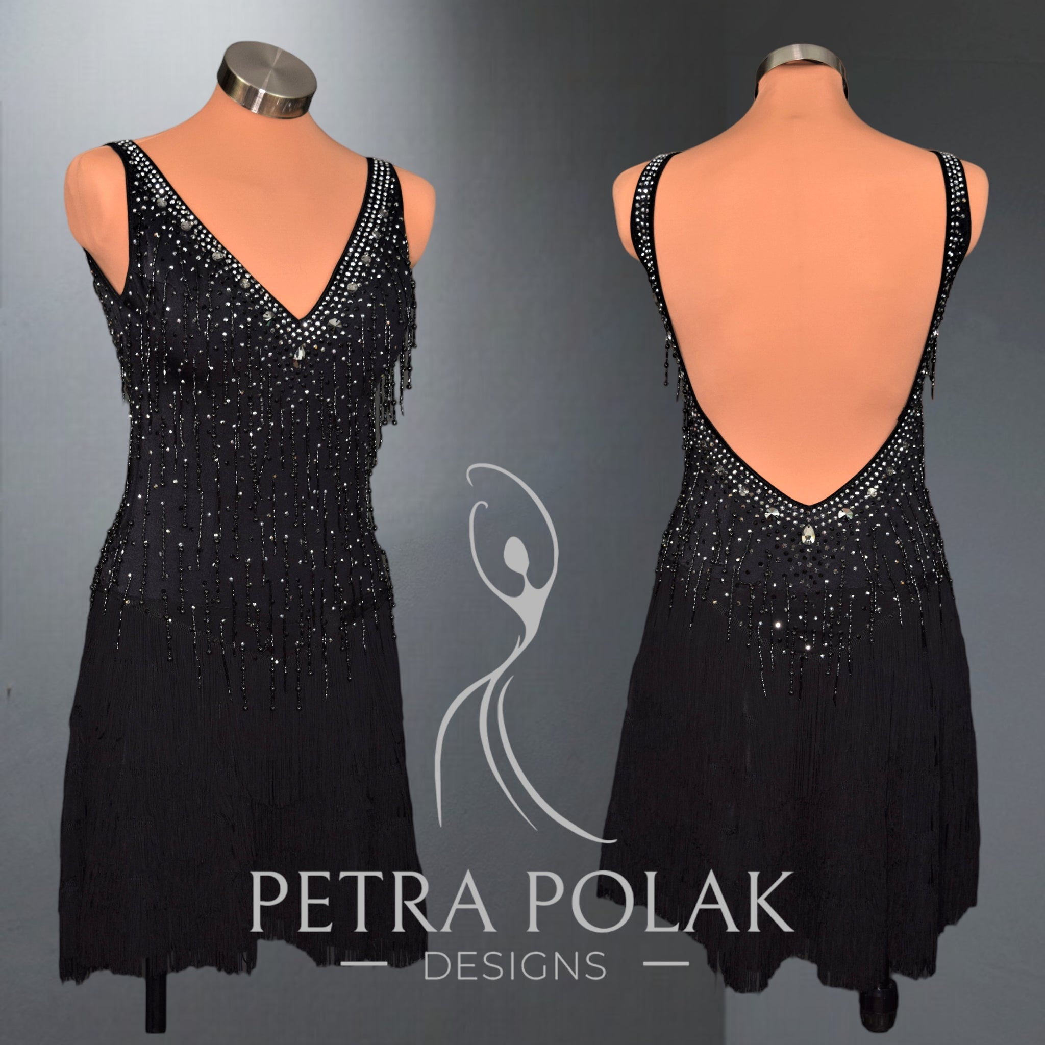 Black Latin Rhythm Ballroom Dance Competition Dress with Fringe Skirt Petra Polak