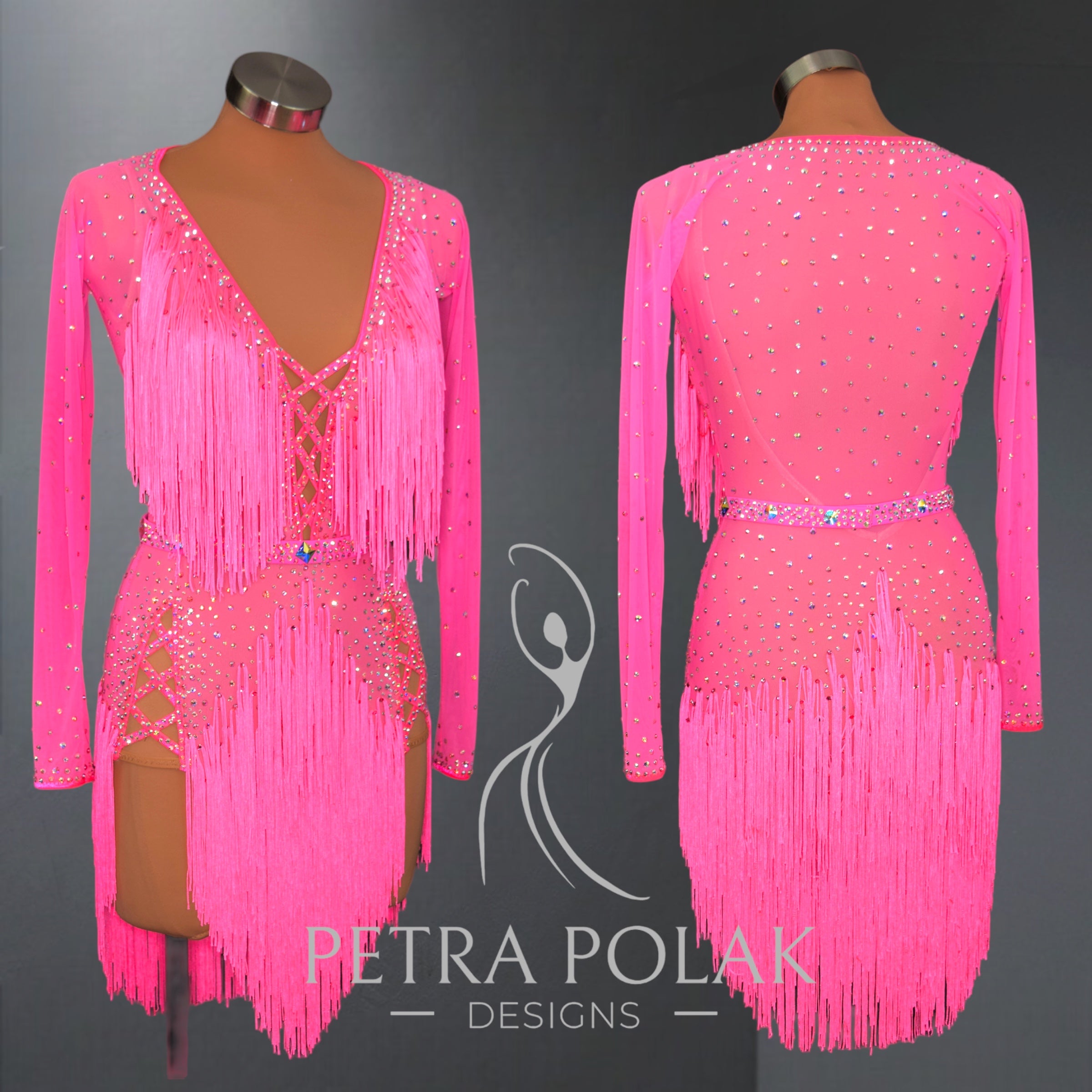 Pink Latin & Rhythm Ballroom Dance Competition Dress with Sleeves