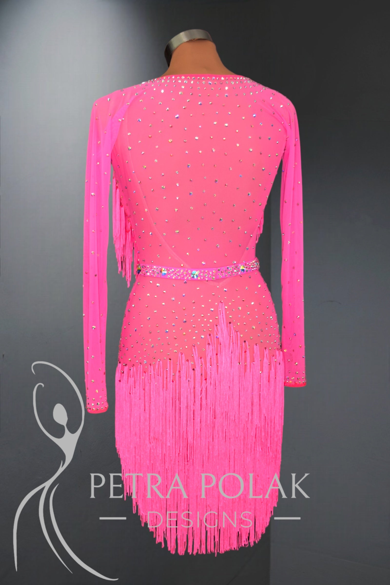 Pink Latin & Rhythm Ballroom Dance Competition Dress with Sleeves