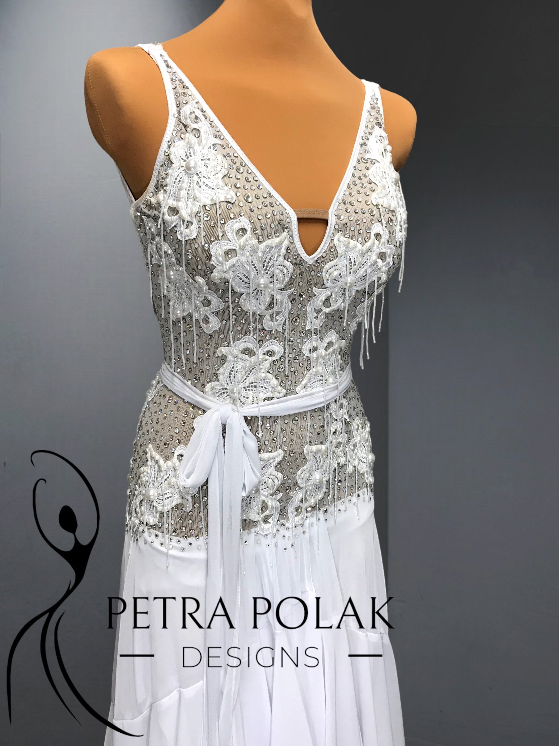 White Smooth & Ballroom Dance Competition Dress with Belt