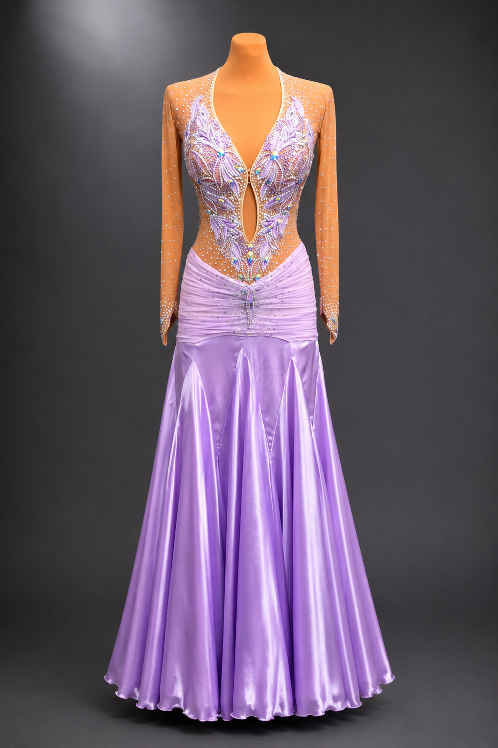 Purple ballroom dance dress with gold embellishments on a mannequin against a dark background