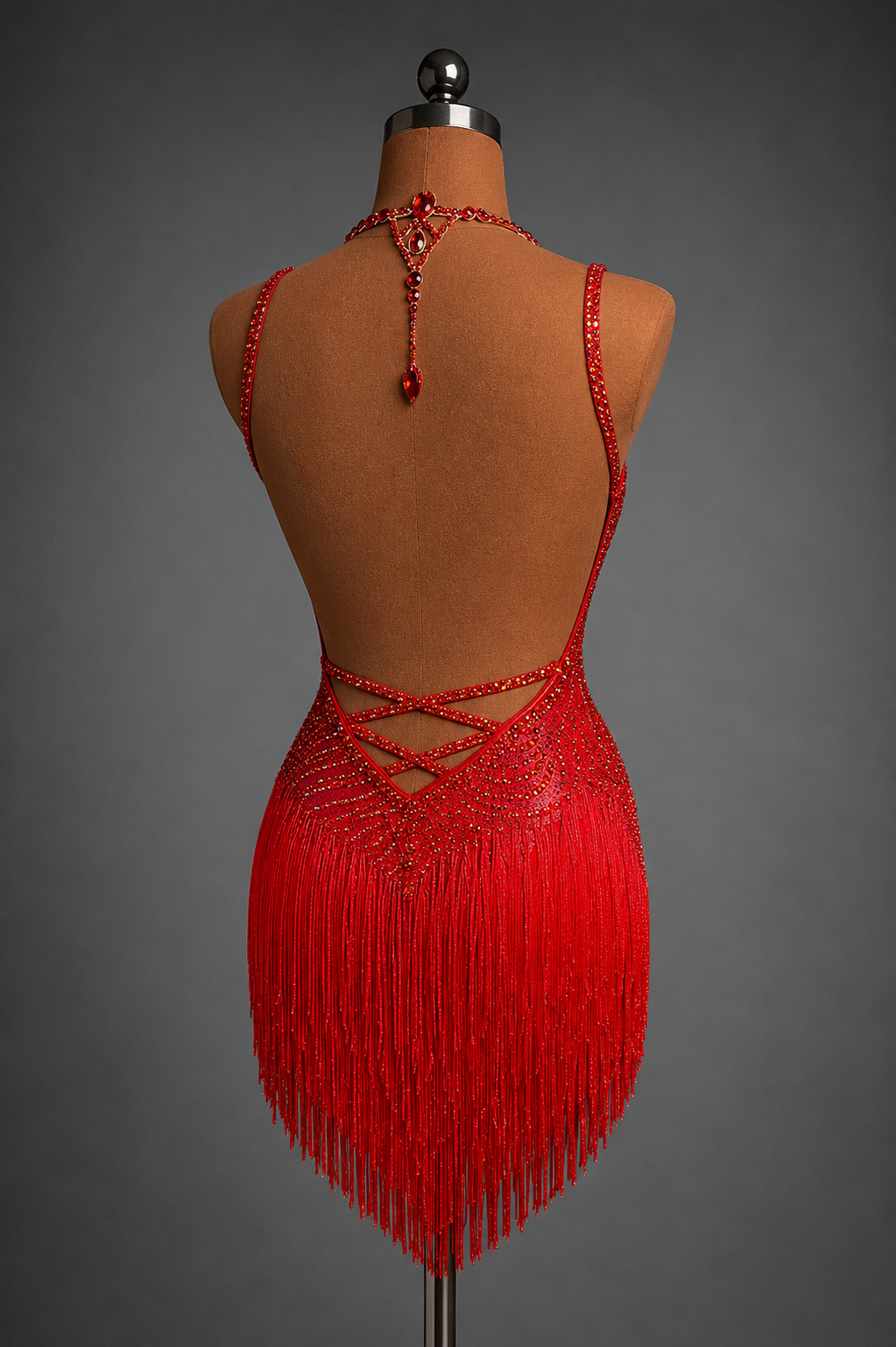 Red fringe dress on a mannequin against a gray background