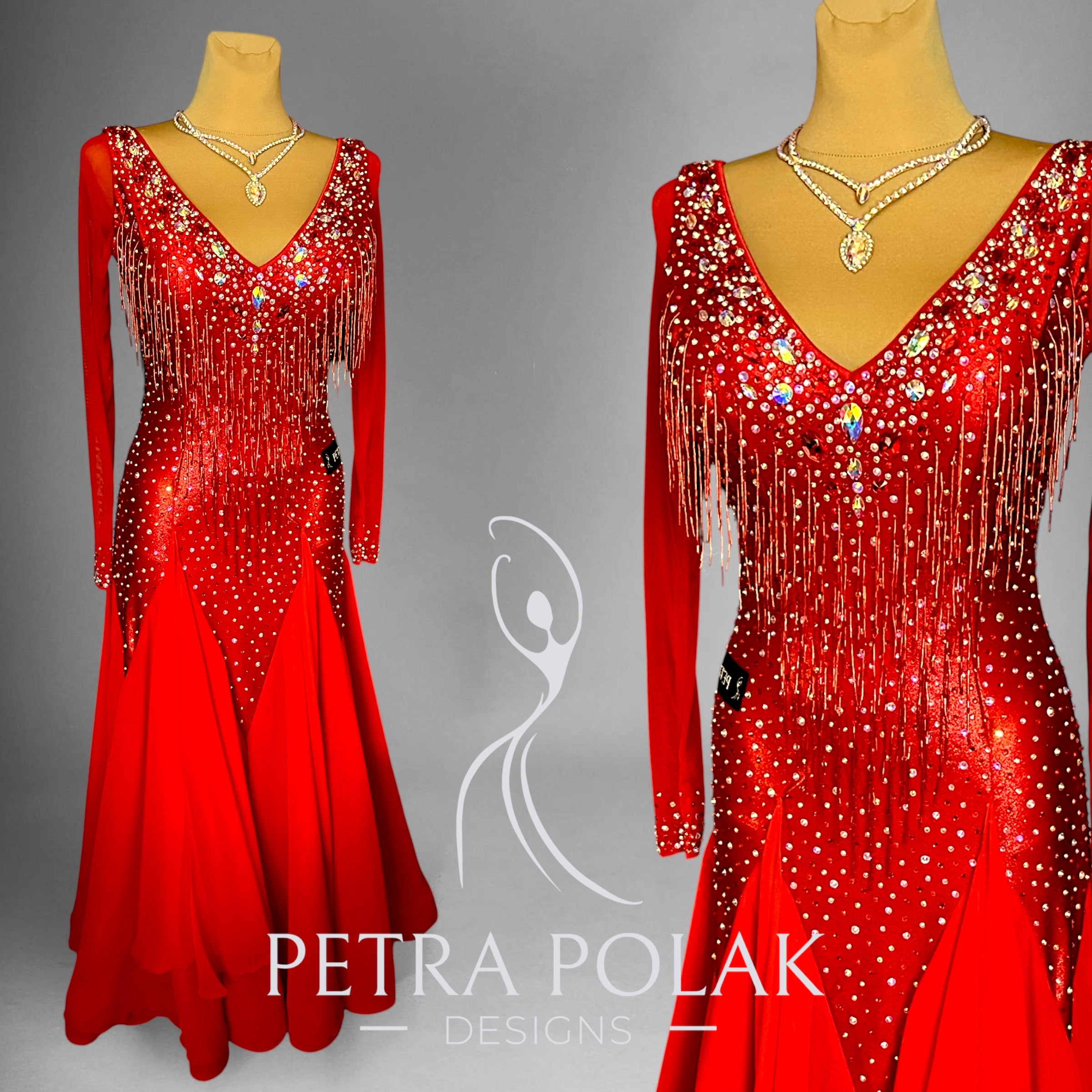 Red dress with sequins and fringe on mannequins, branded 'Petra Polak Designs'.